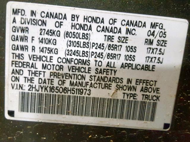 2HJYK16506H511973 - 2006 HONDA RIDGELINE GREEN photo 10