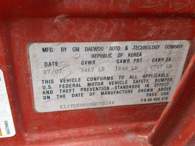 KL1TD56668B058244 - 2008 CHEVROLET AVEO BASE წითელი ფოტო 10