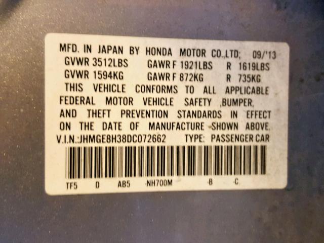 JHMGE8H38DC072662 - 2013 HONDA FIT SILVER photo 10