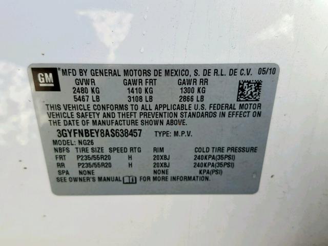 3GYFNBEY8AS638457 - 2010 CADILLAC SRX PERFOR WHITE photo 10