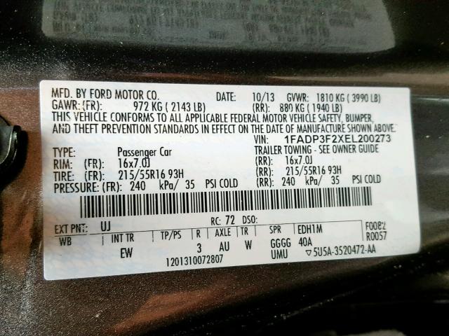 1FADP3F2XEL200273 - 2014 FORD FOCUS SE GRAY photo 10