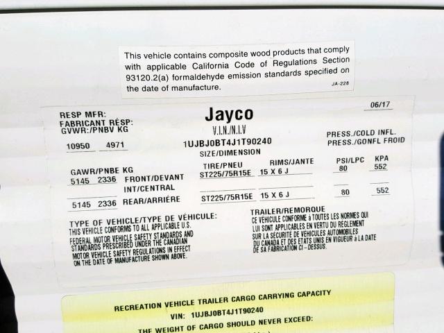 1UJBJ0BT4J1T90240 - 2018 JAYC TRAILER 白色 照片 10