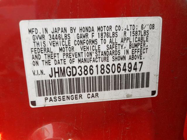 JHMGD38618S064947 - 2008 HONDA FIT SPORT RED photo 10