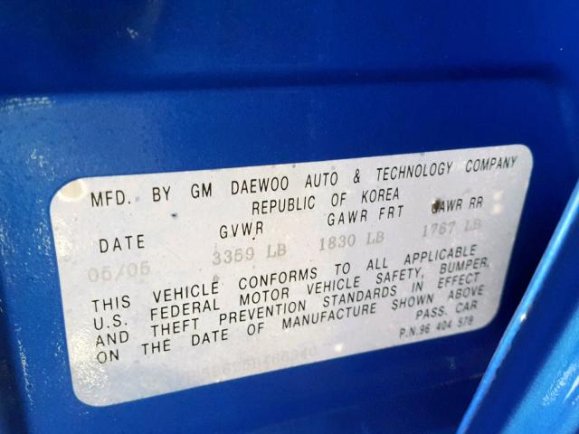 KL1TD52625B466340 - 2005 CHEVROLET AVEO BASE ლურჯი ფოტო 10