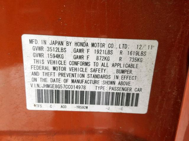 JHMGE8G57CC014978 - 2012 HONDA FIT SPORT ORANGE photo 10