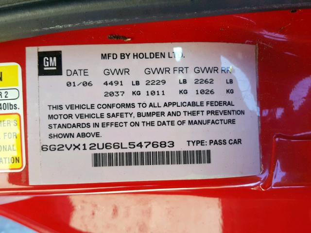 6G2VX12U66L547683 - 2006 PONTIAC GTO RED photo 10