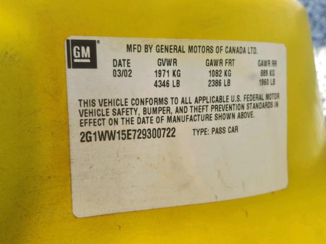 2G1WW15E729300722 - 2002 CHEVROLET MONTE CARL 黄色 照片 10