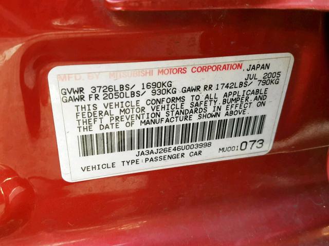 JA3AJ26E46U003998 - 2006 MITSUBISHI LANCER ES RED photo 10