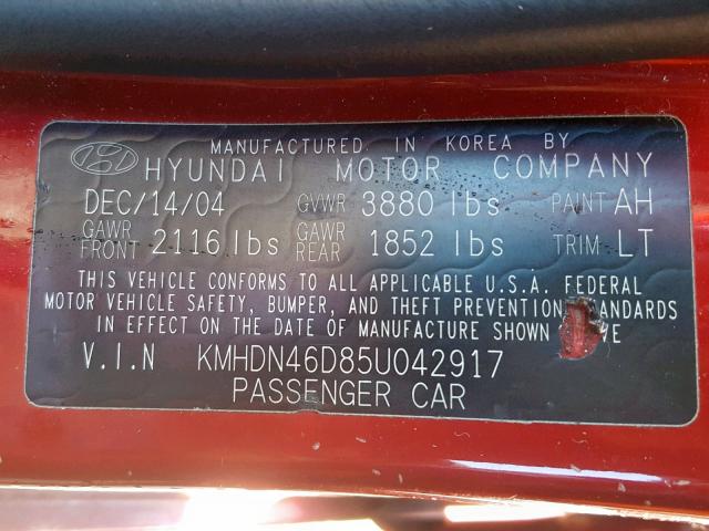 KMHDN46D85U042917 - 2005 HYUNDAI ELANTRA GL RED photo 10