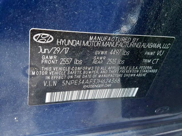 5NPE34AF3JH624368 - 2018 HYUNDAI SONATA SPO BLUE photo 10