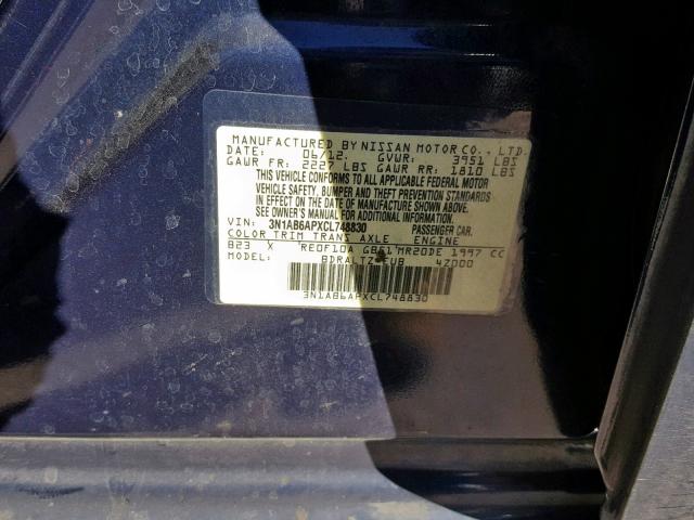 3N1AB6APXCL748830 - 2012 NISSAN SENTRA 2.0 BLUE photo 10