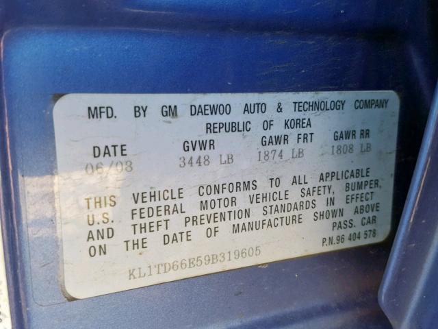 KL1TD66E59B319605 - 2009 CHEVROLET AVEO LS BLUE photo 10