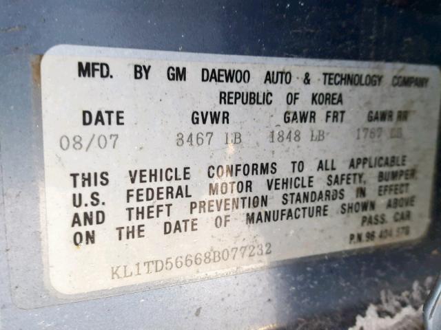 KL1TD56668B077232 - 2008 CHEVROLET AVEO BASE ლურჯი ფოტო 10