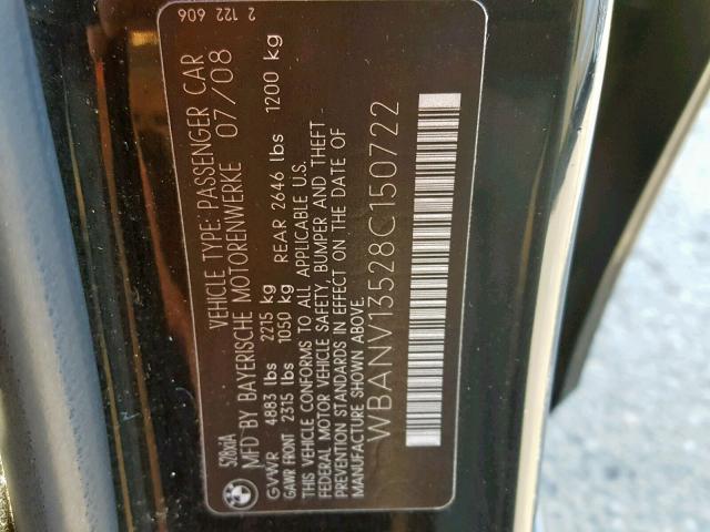 WBANV13528C150722 - 2008 BMW 528 XI BLACK photo 10