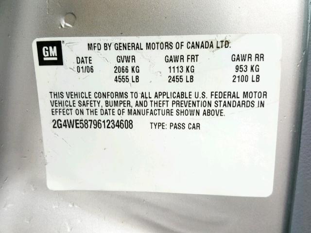 2G4WE587961234608 - 2006 BUICK LACROSSE C SILVER photo 10