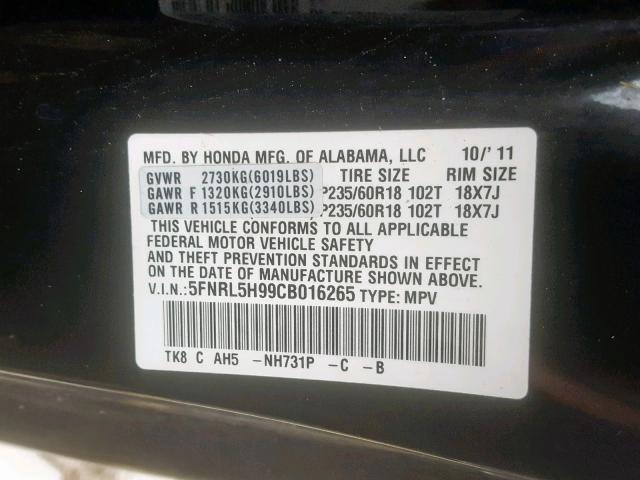 5FNRL5H99CB016265 - 2012 HONDA ODYSSEY TO BLACK photo 10