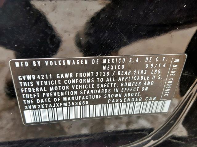 3VW2K7AJXFM353688 - 2015 VOLKSWAGEN JETTA BASE BLACK photo 10
