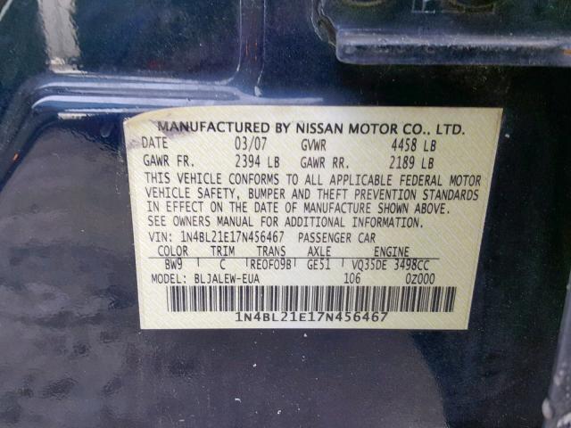 1N4BL21E17N456467 - 2007 NISSAN ALTIMA 3.5 BLUE photo 10