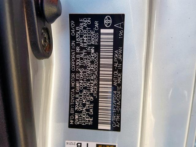 JTKDE3B75A0302635 - 2010 TOYOTA SCION TC ვერცხლისფერი ფოტო 10