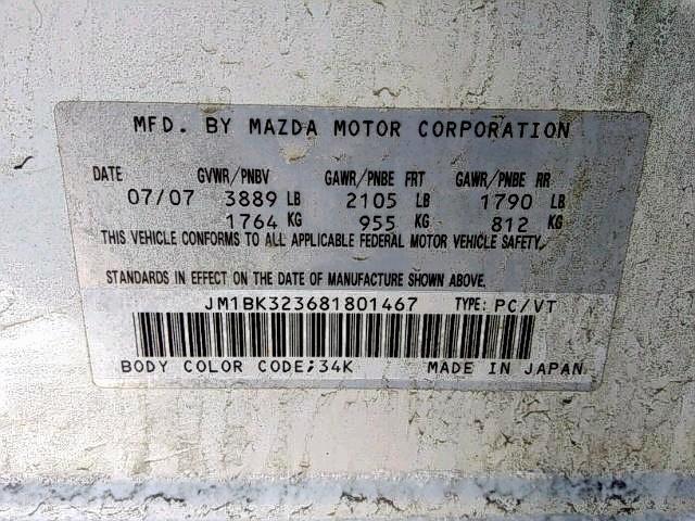 JM1BK323681801467 - 2008 MAZDA 3 S WHITE photo 9