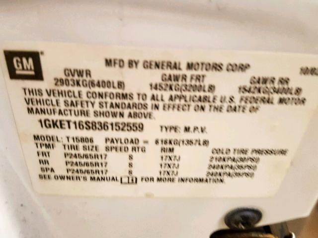 1GKET16S836152559 - 2003 GMC ENVOY XL WHITE photo 10