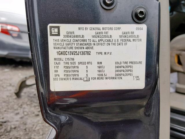 1GKEC13V25J130782 - 2005 GMC YUKON BLACK photo 10