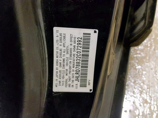 JHLRD78832C072992 - 2002 HONDA CR-V EX BLACK photo 10