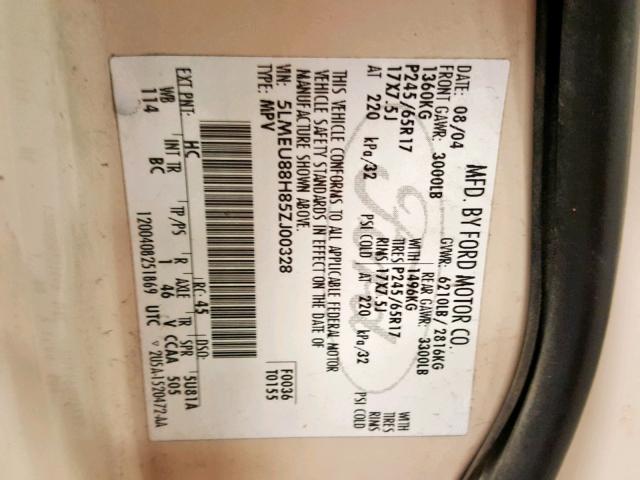 5LMEU88H85ZJ00328 - 2005 LINCOLN AVIATOR 棕色 照片 10