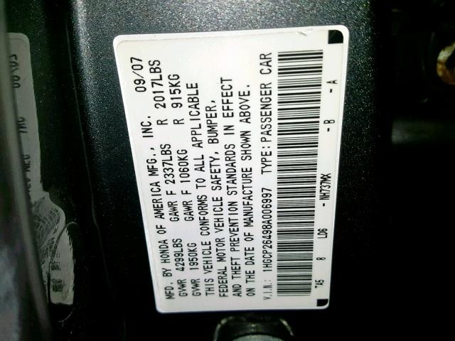 1HGCP26498A006997 - 2008 HONDA ACCORD LXP GRAY photo 10