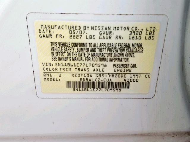 3N1AB61E77L709598 - 2007 NISSAN SENTRA 2.0 WHITE photo 10