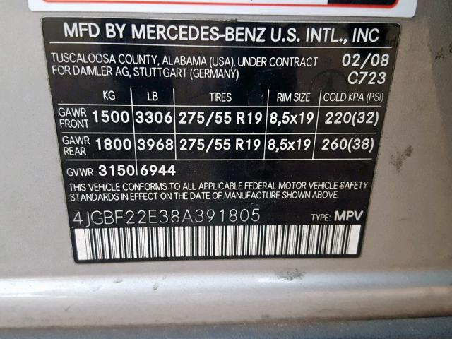 4JGBF22E38A391805 - 2008 MERCEDES-BENZ GL 320 CDI GRAY photo 10