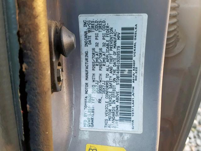 5TDBT48A61S028579 - 2001 TOYOTA SEQUOIA LI GRAY photo 10