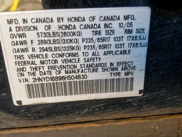 2HNYD18896H504830 - 2006 ACURA MDX TOURIN BLACK photo 10