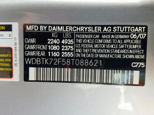 WDBTK72F58T088621 - 2008 MERCEDES-BENZ CLK 550 SILVER photo 10