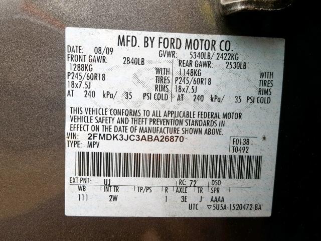 2FMDK3JC3ABA26870 - 2010 FORD EDGE SEL GRAY photo 10