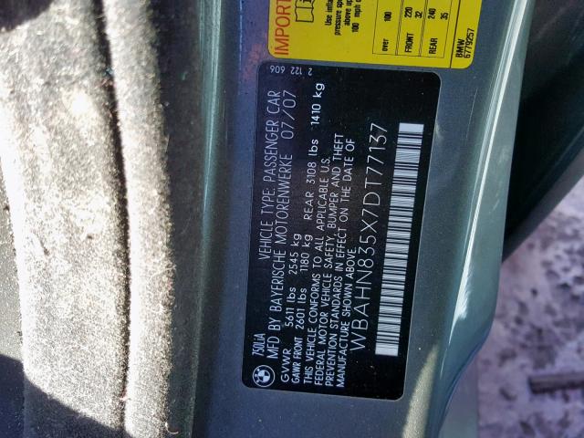 WBAHN835X7DT77137 - 2007 BMW 750 GRAY photo 10