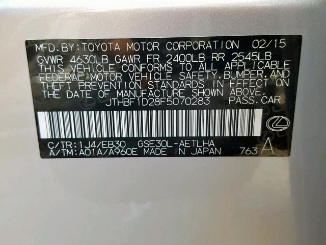 JTHBF1D28F5070283 - 2015 LEXUS IS 250 SILVER photo 10