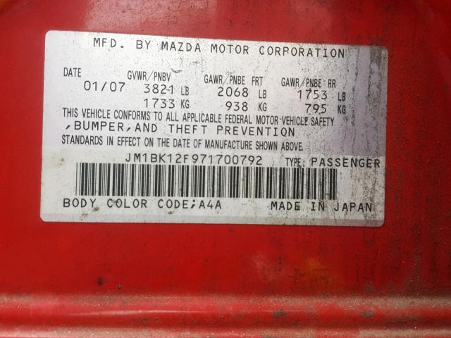 JM1BK12F971700792 - 2007 MAZDA 3 I RED photo 10