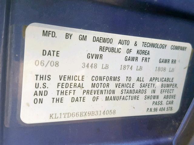 KL1TD66EX9B314058 - 2009 CHEVROLET AVEO LS BLUE photo 10