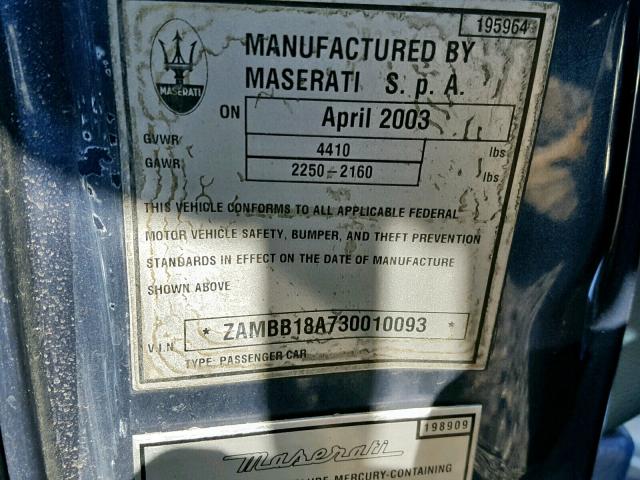 ZAMBB18A730010093 - 2003 MASERATI SPYDER CAM BLUE photo 10