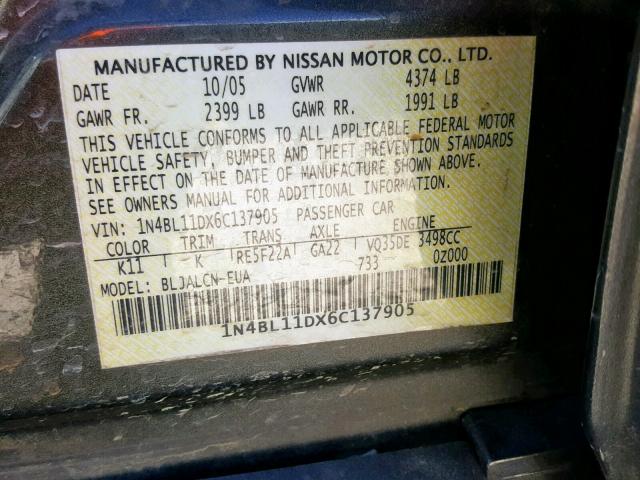 1N4BL11DX6C137905 - 2006 NISSAN ALTIMA SE CHARCOAL photo 10