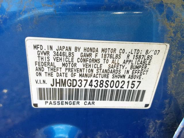 JHMGD37438S002157 - 2008 HONDA FIT BLUE photo 10