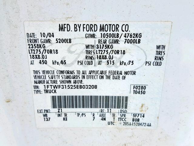 1FTWF31525EB03208 - 2005 FORD F350 SRW S WHITE photo 10