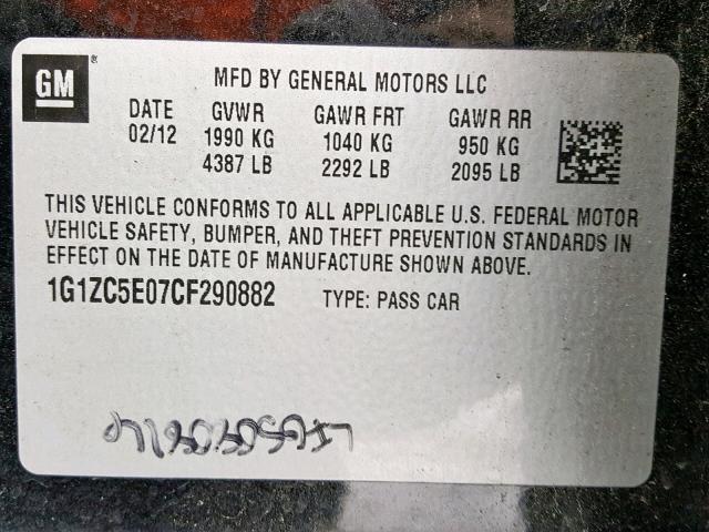 1G1ZC5E07CF290882 - 2012 CHEVROLET MALIBU 1LT BLACK photo 10