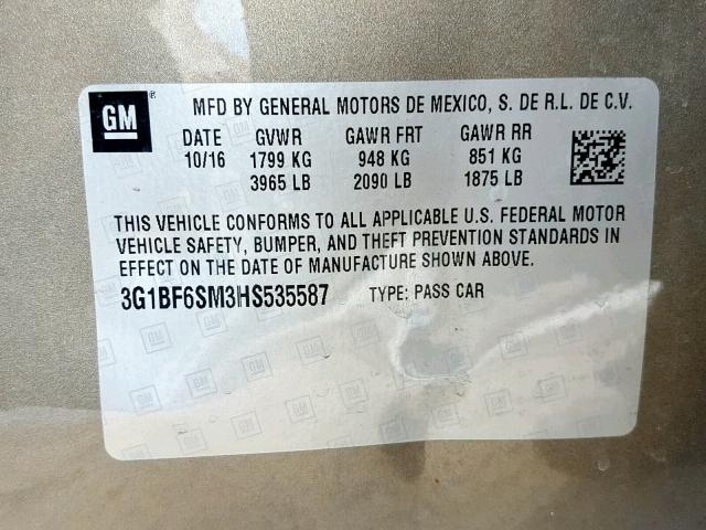 3G1BF6SM3HS535587 - 2017 CHEVROLET CRUZE PREM GRAY photo 10