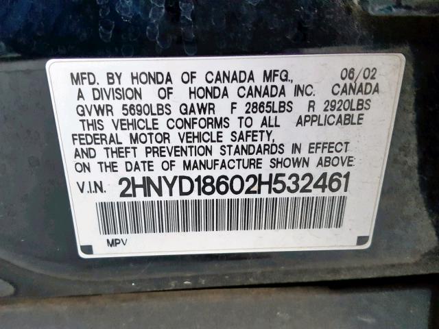 2HNYD18602H532461 - 2002 ACURA MDX TOURIN BLACK photo 10