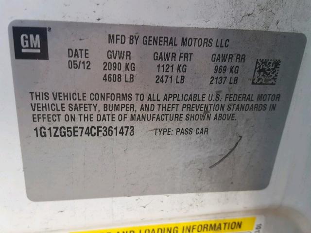 1G1ZG5E74CF361473 - 2012 CHEVROLET MALIBU LTZ თეთრი ფოტო 10