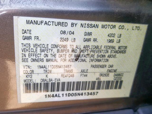 1N4AL11D05N413457 - 2005 NISSAN ALTIMA S BEIGE photo 10