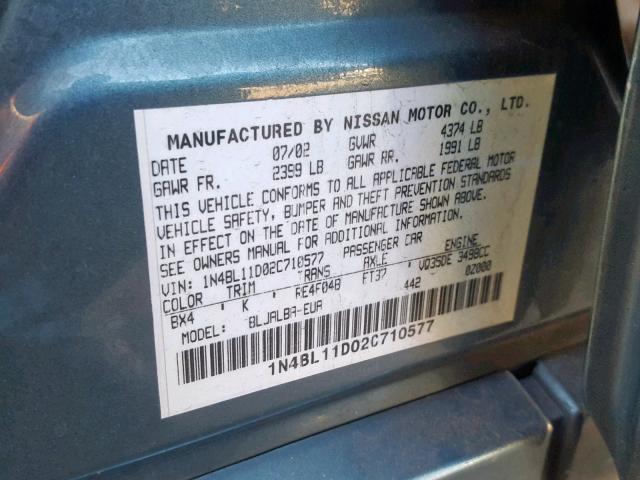 1N4BL11D02C710577 - 2002 NISSAN ALTIMA SE GREEN photo 10