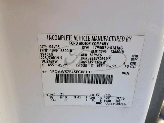 1FDAW57P45EC88131 - 2005 FORD F550 SUPER WHITE photo 10